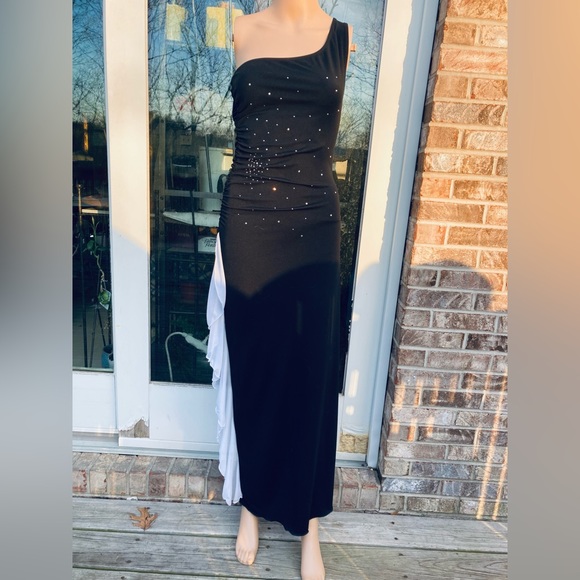 Y2K Black & White Ruffle Rhinestone Goth Prom Dress - Picture 2 of 10